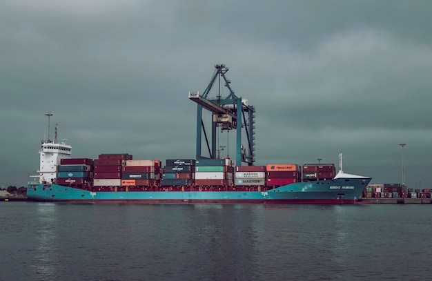 Container ship docking in the port