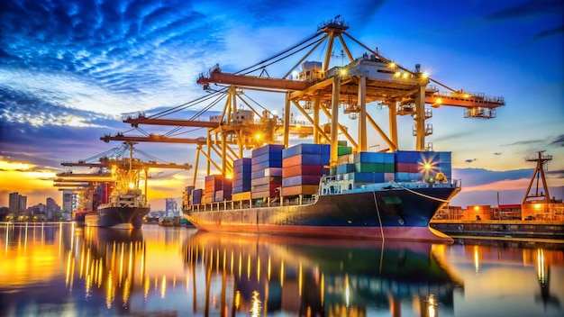 a container ship is docked in front of a sunset sky