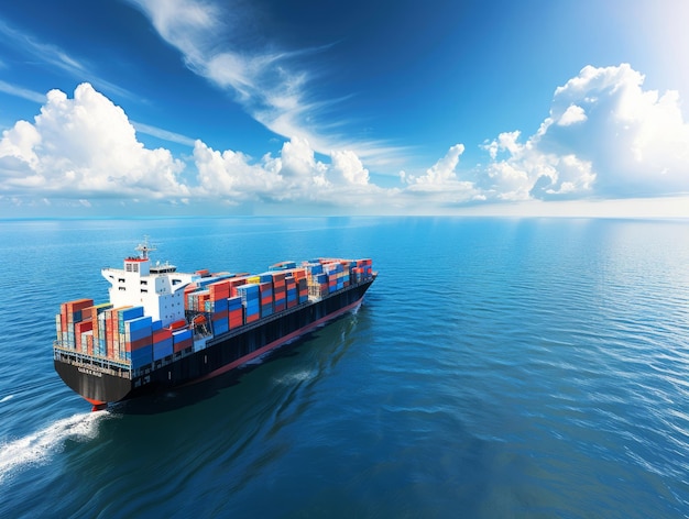 a container ship is floating on the water with the sky in the background