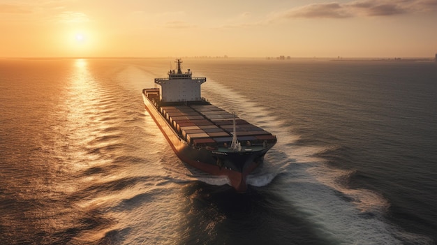 A container ship is sailing in the ocean at sunset.