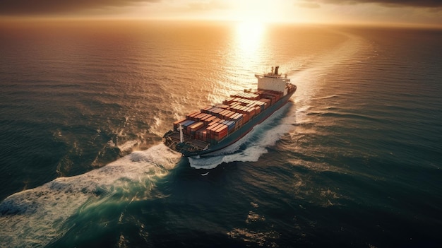 A container ship is sailing on the ocean at sunset.