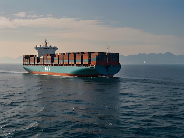 a container ship is sailing on the ocean with the sun shining on the water