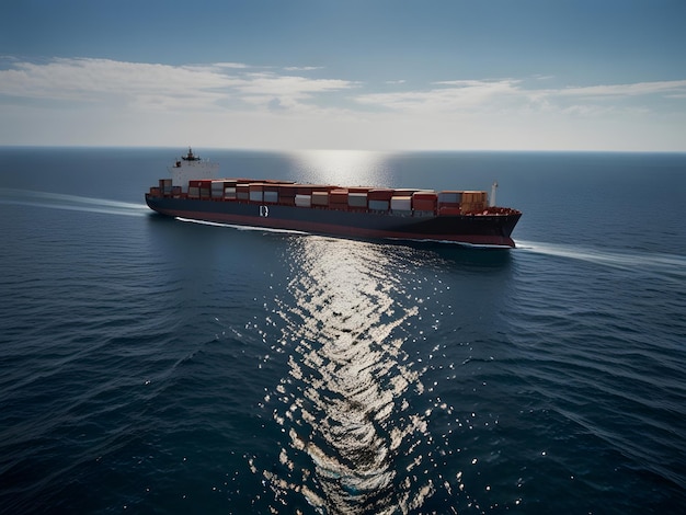 a container ship is sailing on the ocean with the sun shining on the water