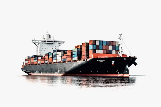 A container ship is on the water with the word container