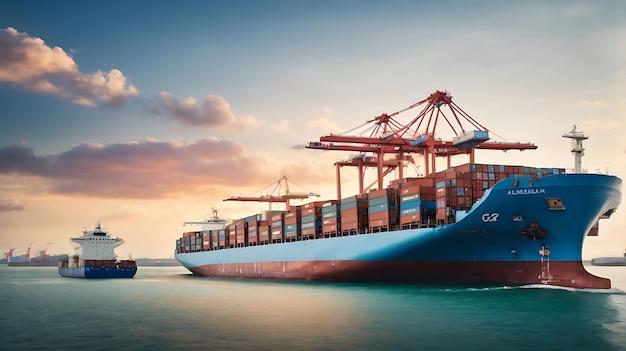 A container ship its deck adorned with colorful flags and banners sails through a vibrant and bust