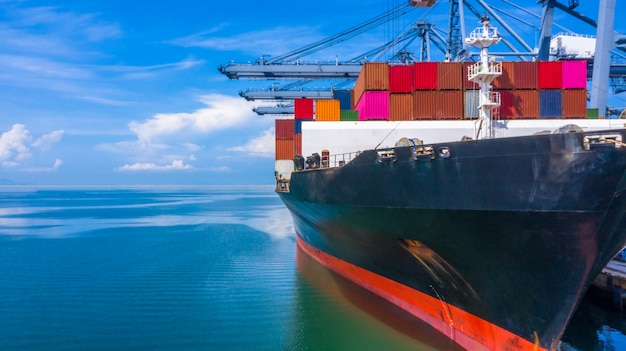 Container ship loading in a port, Aerial top view container ship in business import 