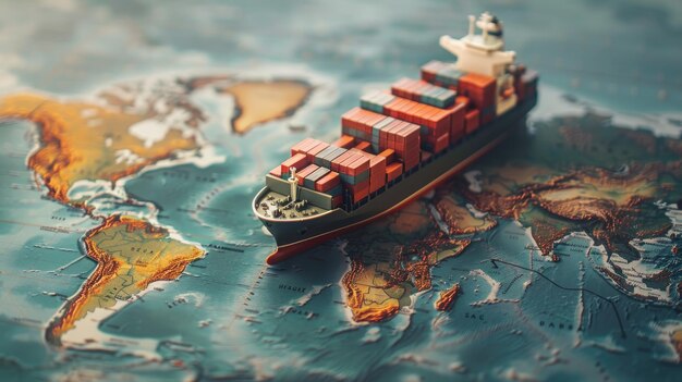 Photo container ship model on a world map symbolizing transcontinental transportation and globalization with ample copy space