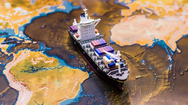 Photo container ship model on world map transcontinental