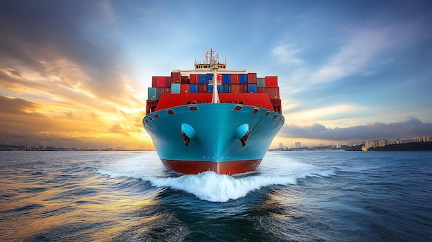 Container ship sailing towards the horizon at sunrise