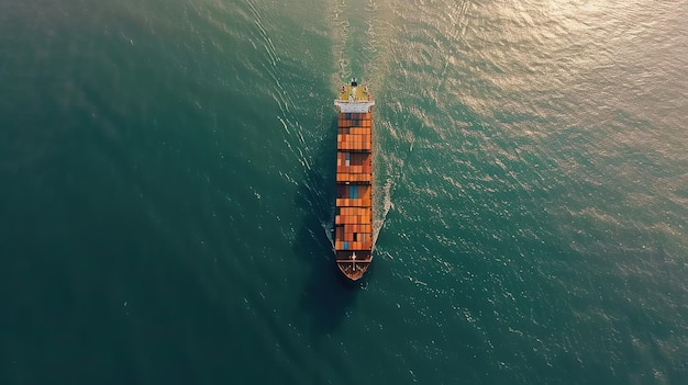 A container ship sails across the blue ocean