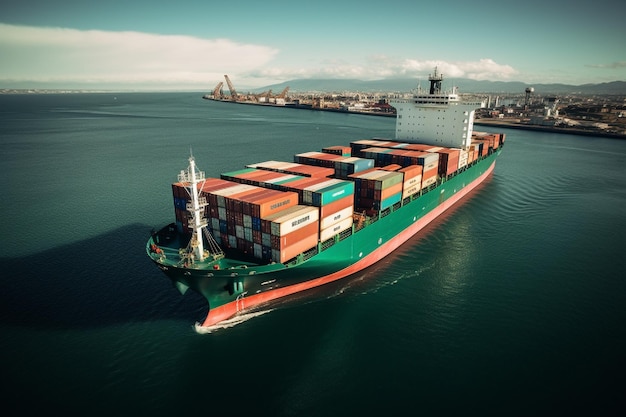 Container ship with cargo containers in the sea