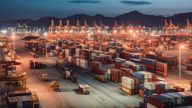 A container terminal at night with a mountain in the background.