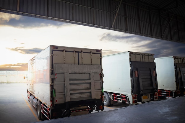 Container Trucks on The Parking Lot at Warehouse Lifting Ramp Trucks Freight Truck Logistics