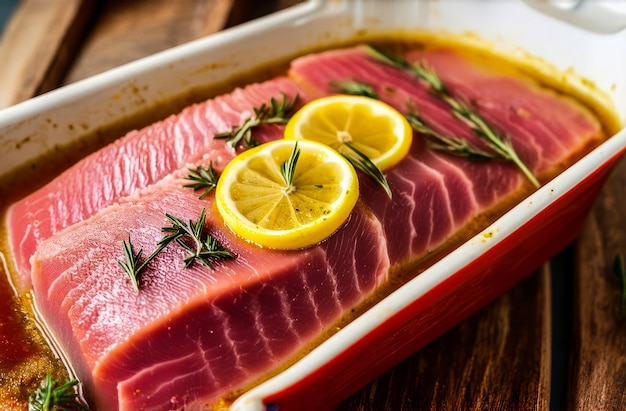 Photo a container of tuna with lemon slices and lemon slices