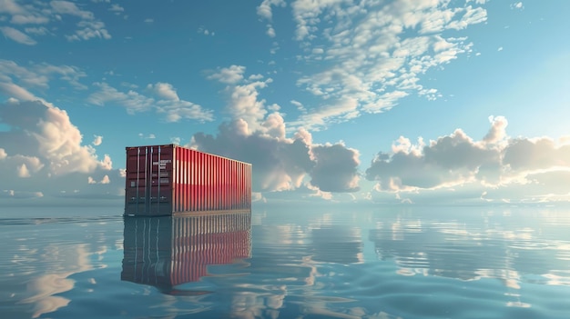 Container on water surface with reflection flying in clouds and moving faster for delivery with cloud computing