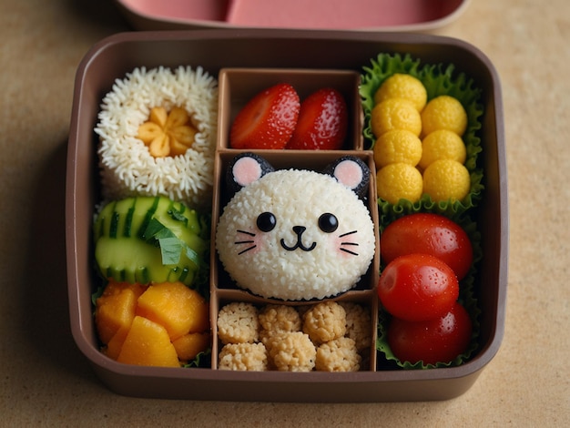 a container with a cat in it and some food in it