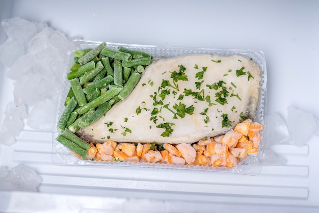 Photo container with frozen vegetables and fish in the freezer of the fridge