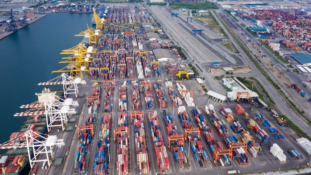 Containers to be loaded onto the ship for transportation by the sea aerial top view 