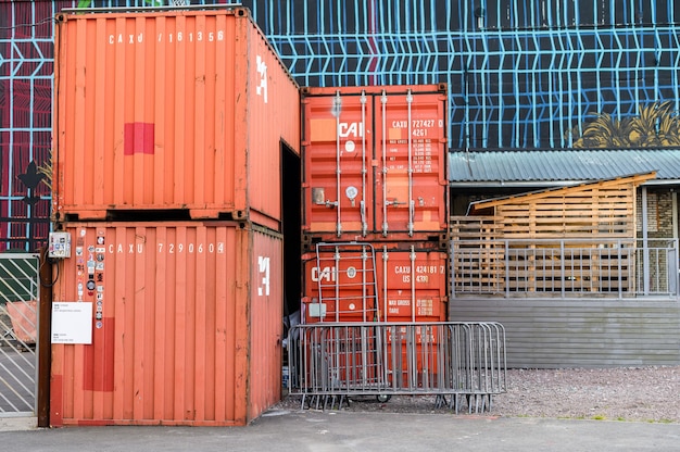 Containers box from Cargo freight ship for import export, logistic concept.