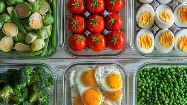 Photo containers with eggs brussel sprouts green beans and tomato