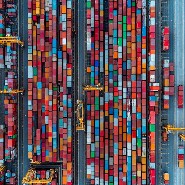 Photo containers yard in port congestion with ship vessels are loading and discharging operations of the transportation in international portshot from drone v 61 job id 785d5e97cee34be3a891ee1043256f6e