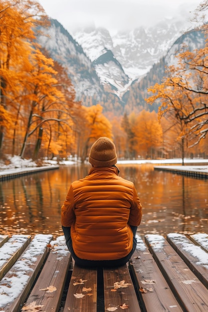 Photo contemplation on a crisp autumn day finding peace by the lake surrounded by majestic mountains