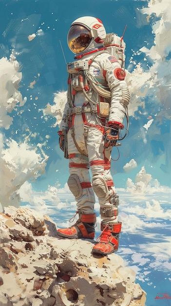 Contemplative Astronaut Standing on Rocky Outcrop Above the Clouds