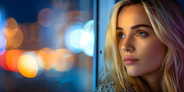 Contemplative blonde woman looking out cafe window at city street at night Concept Portrait Photography Night Photography Urban Landscape Emotions City Life