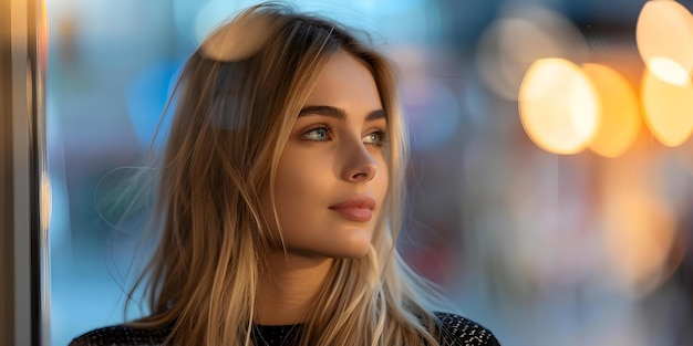 Contemplative blonde woman looking out cafe window onto city street at night Concept Portrait photography city lights reflective mood urban nightlife contemplation