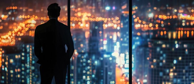 A contemplative businessman silhouetted against the glittering backdrop of a citys nocturnal pulse