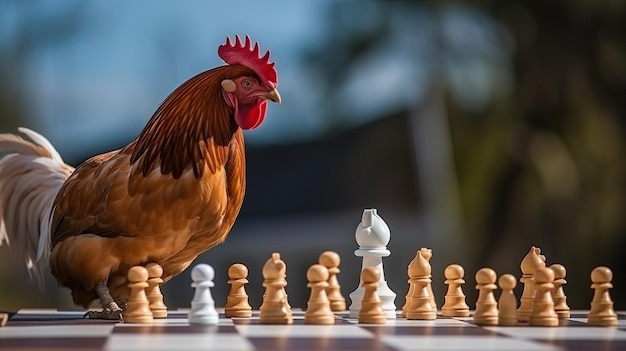 A contemplative chicken chess player pondering a move