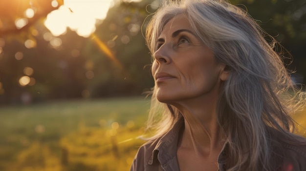 A contemplative elderly woman with silver hair bathed in golden sunset light gazing thoughtfully into the distance in a serene park setting