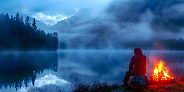 Photo contemplative man by the lake on a misty morning with forest and mountain range in the background concept outdoor photoshoot nature landscape man portrait misty morning serene atmosphere