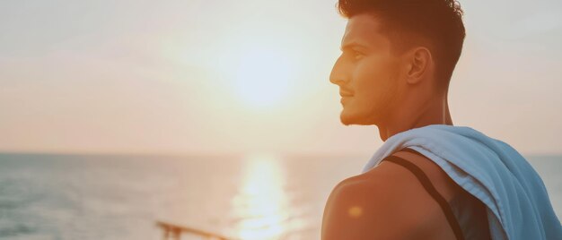 Contemplative man gazes at the ocean lost in tranquil sunset thoughts