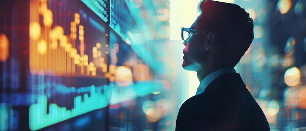 A contemplative man in glasses looks at fluctuating data charts on a futuristic screen symbolizing analysis and modernity