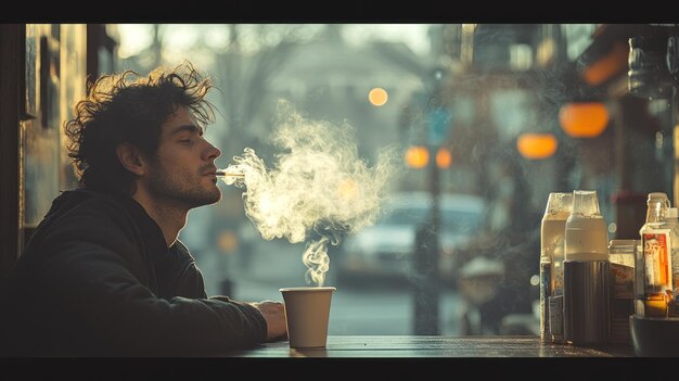 A contemplative man smokes near a steaming cup in a cozy setting