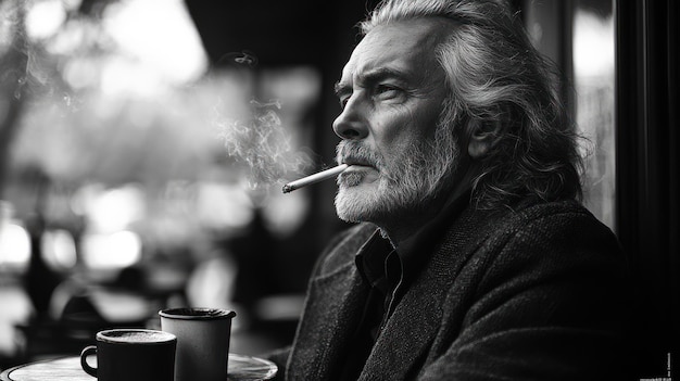 A contemplative man smoking by a window with coffee cups nearby