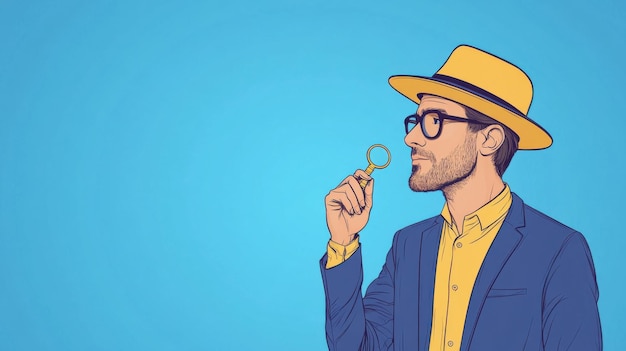 Photo contemplative man in stylish attire with magnifying glass against bright blue background