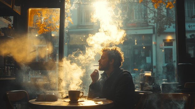 A contemplative moment in a caf filled with smoke and sunlight