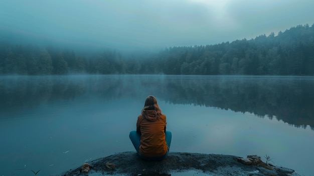 A contemplative person sits by a tranquil lake