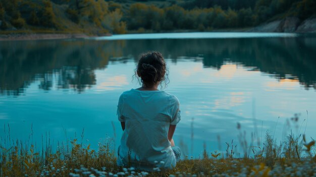 A contemplative person sits by a tranquil lake