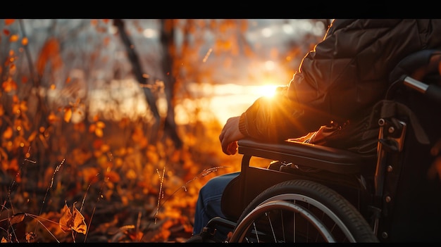 Photo a contemplative scene portraying a person in a wheelchair facing a stunning sunset over a mountain