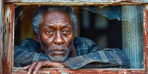 A contemplative senior African man gazes outward from behind a broken window evoking themes of reflection and life experiences