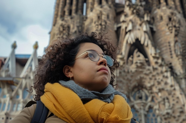 Contemplative Traveler at Iconic Architectural Landmark