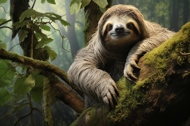 contemplative unhurried sloth lounging in a treetop