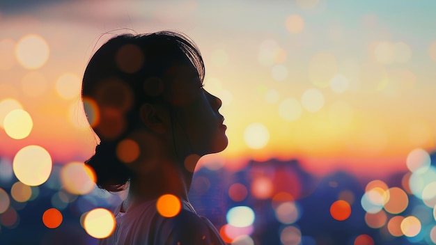 Contemplative woman against a bokehlit urban backdrop at sunset