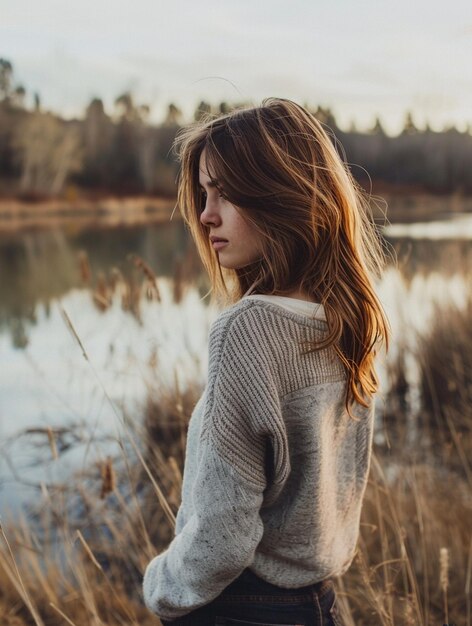 Contemplative Woman by Serene Lakeside in Autumn