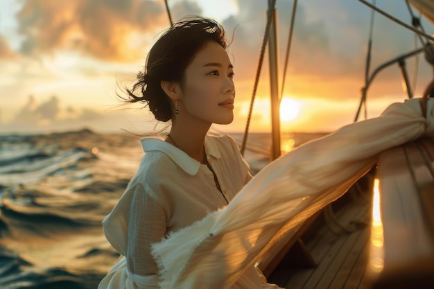 Photo contemplative woman enjoys the tranquility of sailing at sunset with gentle ocean waves around