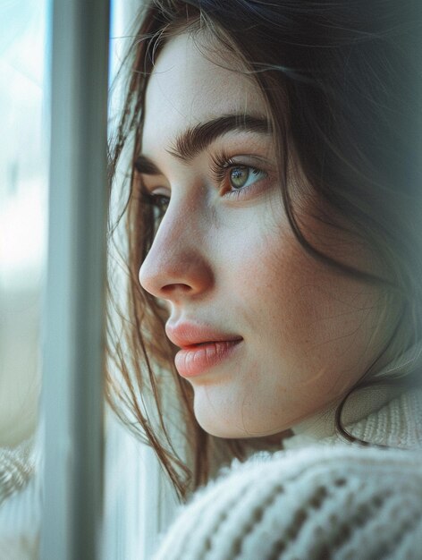 Contemplative Woman Gazing Out Window Natural Beauty and Reflection