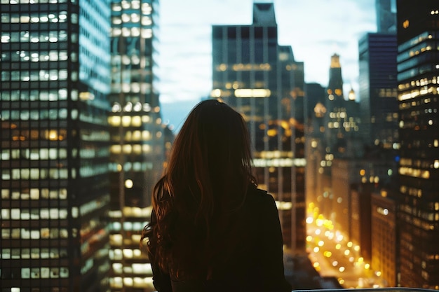 Contemplative woman overlooking cityscape at dusk